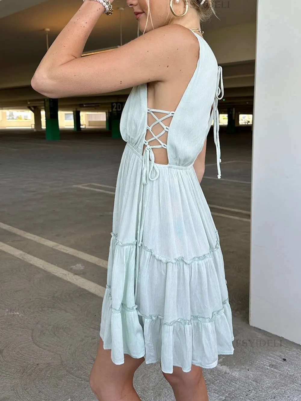 Deep V-Neck Tiered Mini Dress, image 13