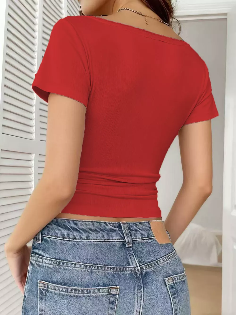 Full Size Lace Trim Short Sleeve Slim Fit Top Plus Size, image 15