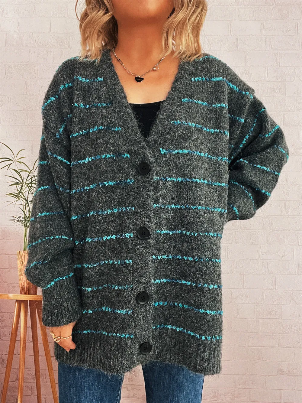 Striped Button-Up Cardigan with V-Neck Design, image 19