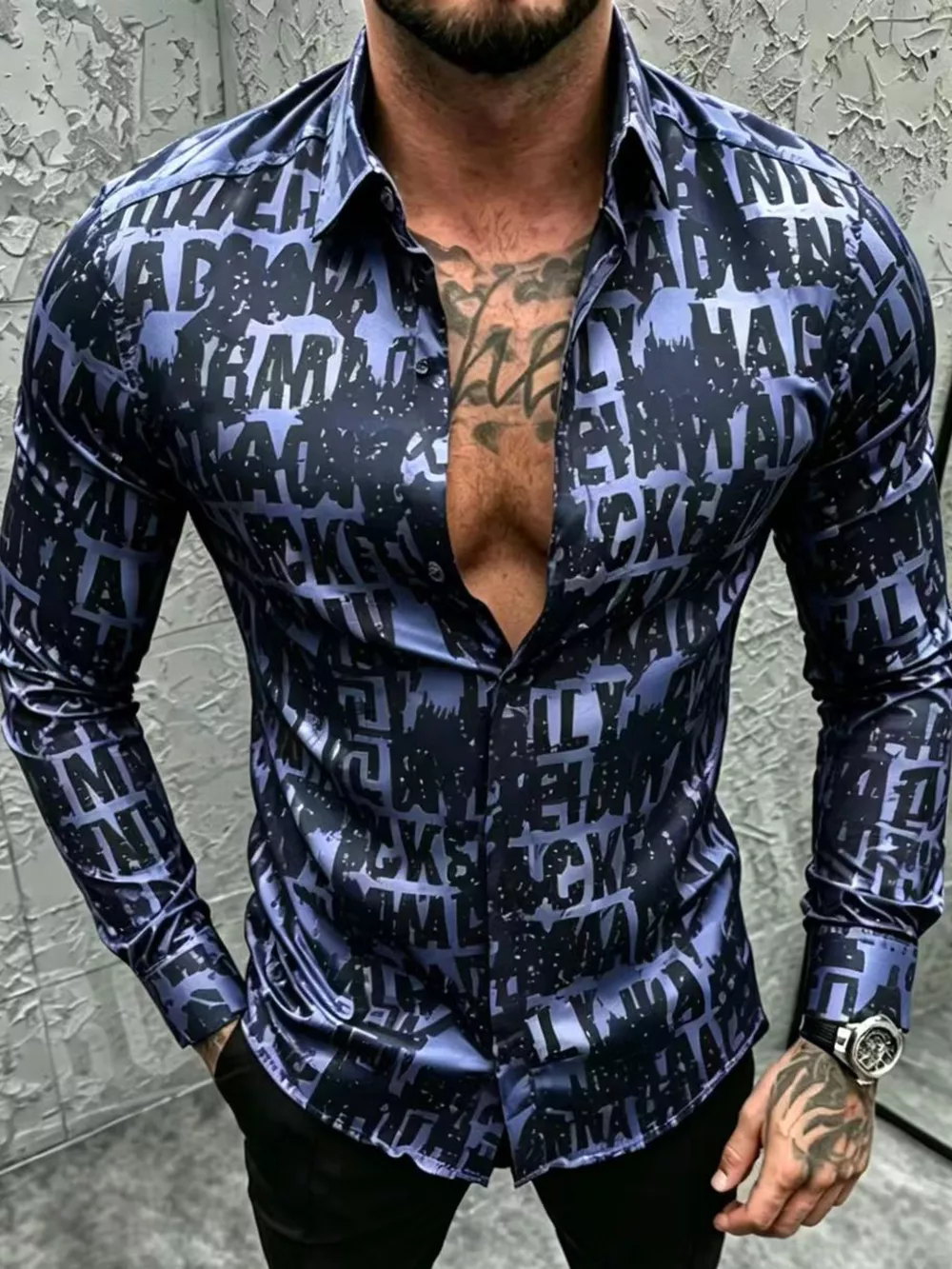 Men's Plus Size Letter Print Slim Fit Long Sleeve Shirt