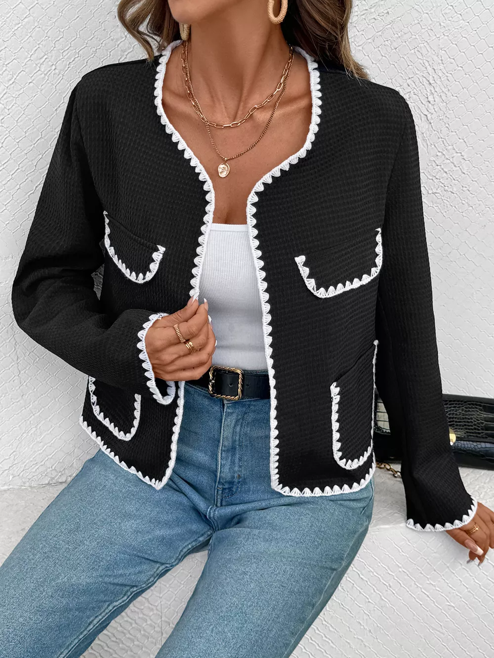 Contrast Trim Open Front Jacket, image 15