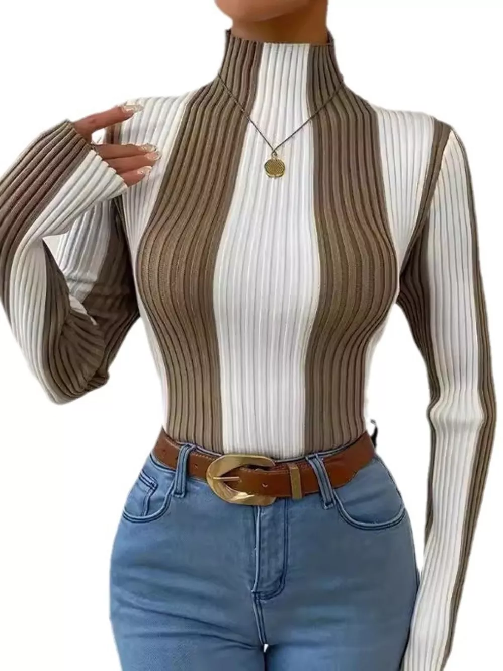 Color Block Turtleneck Ribbed Knit Top, image 5