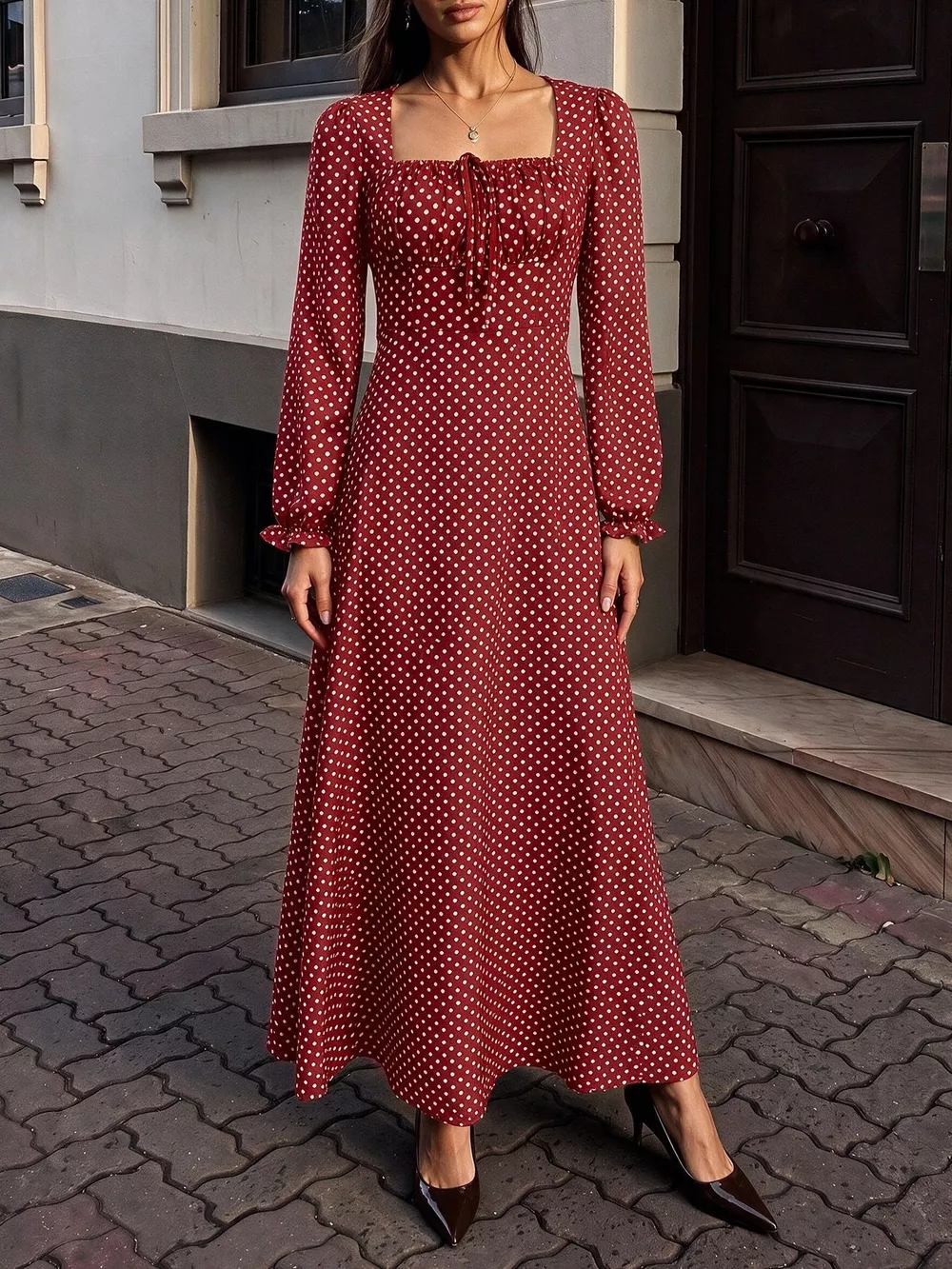 Square Neck Polka Dot Long Sleeve Maxi Dress, image 2