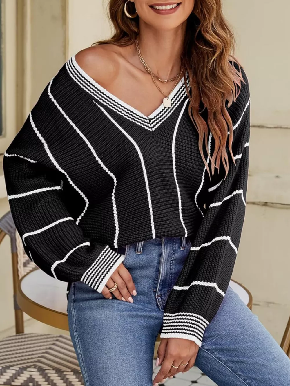 V-Neck Striped Contrast Sweater, image 5