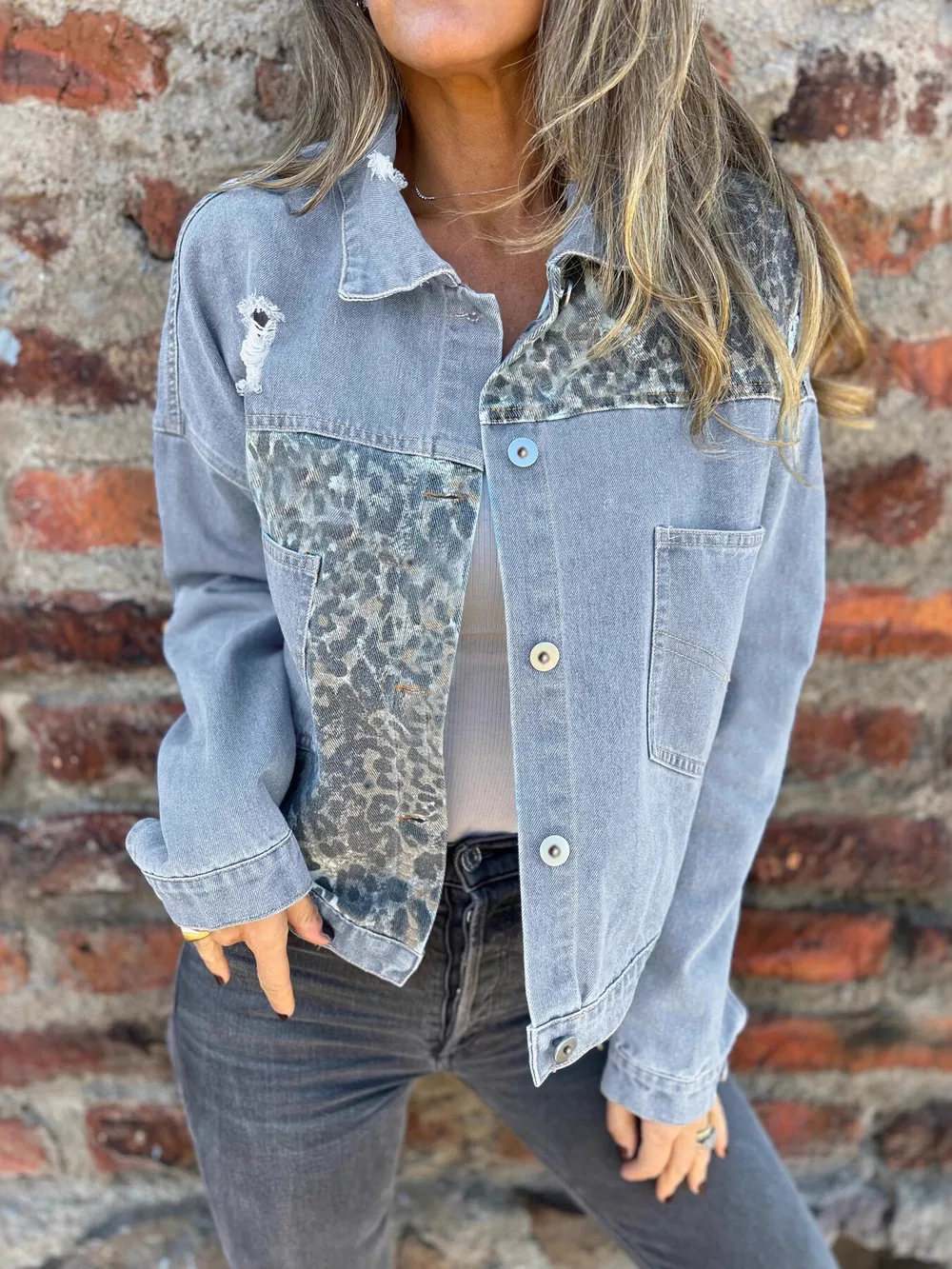 Full Size Leopard Button Up Denim Jacket Plus Size, image 3