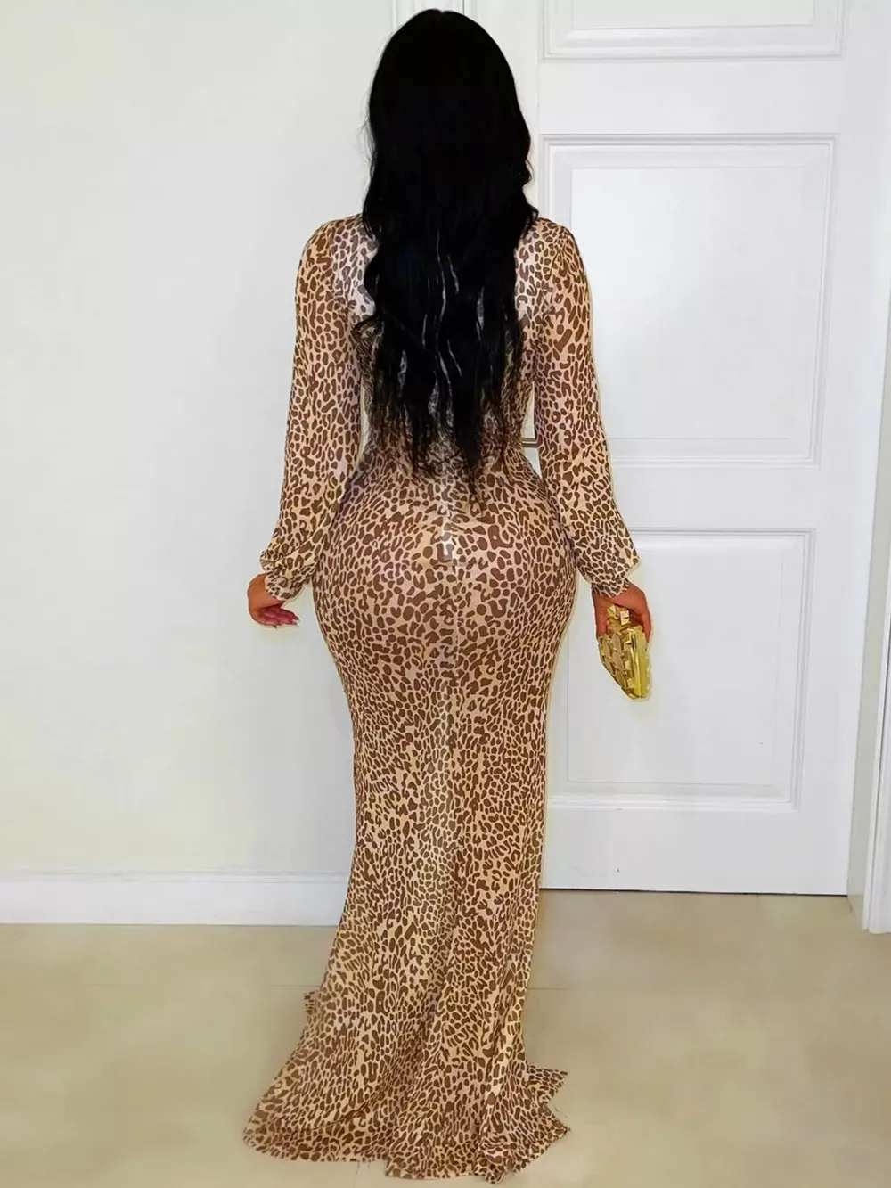 Leopard Print Deep V-Neck Long Sleeve High Slit Maxi Dress, image 2