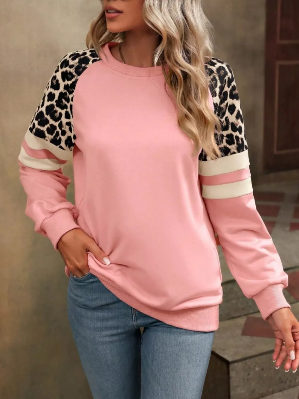 Leopard Round Neck Raglan Sleeve Sweatshirt, image 28