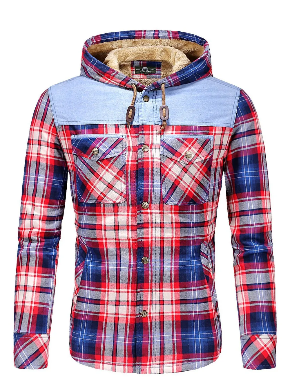 Men's Plus Size Drawstring Plaid Fleece Lined Hooded Outerwear, image 2