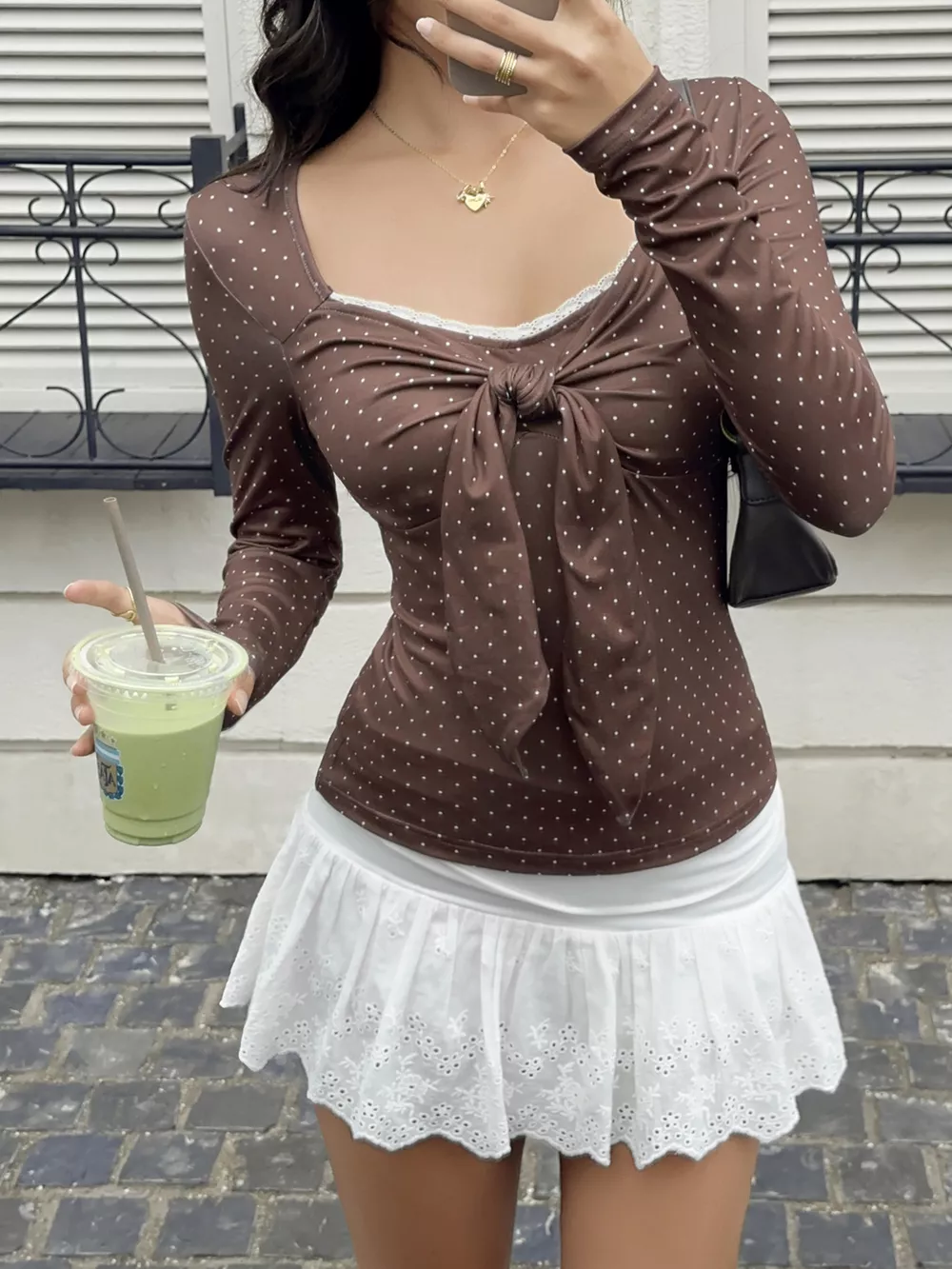 Polka Dot Long Sleeve Blouse with Front Tie and Lace Trim, image 2