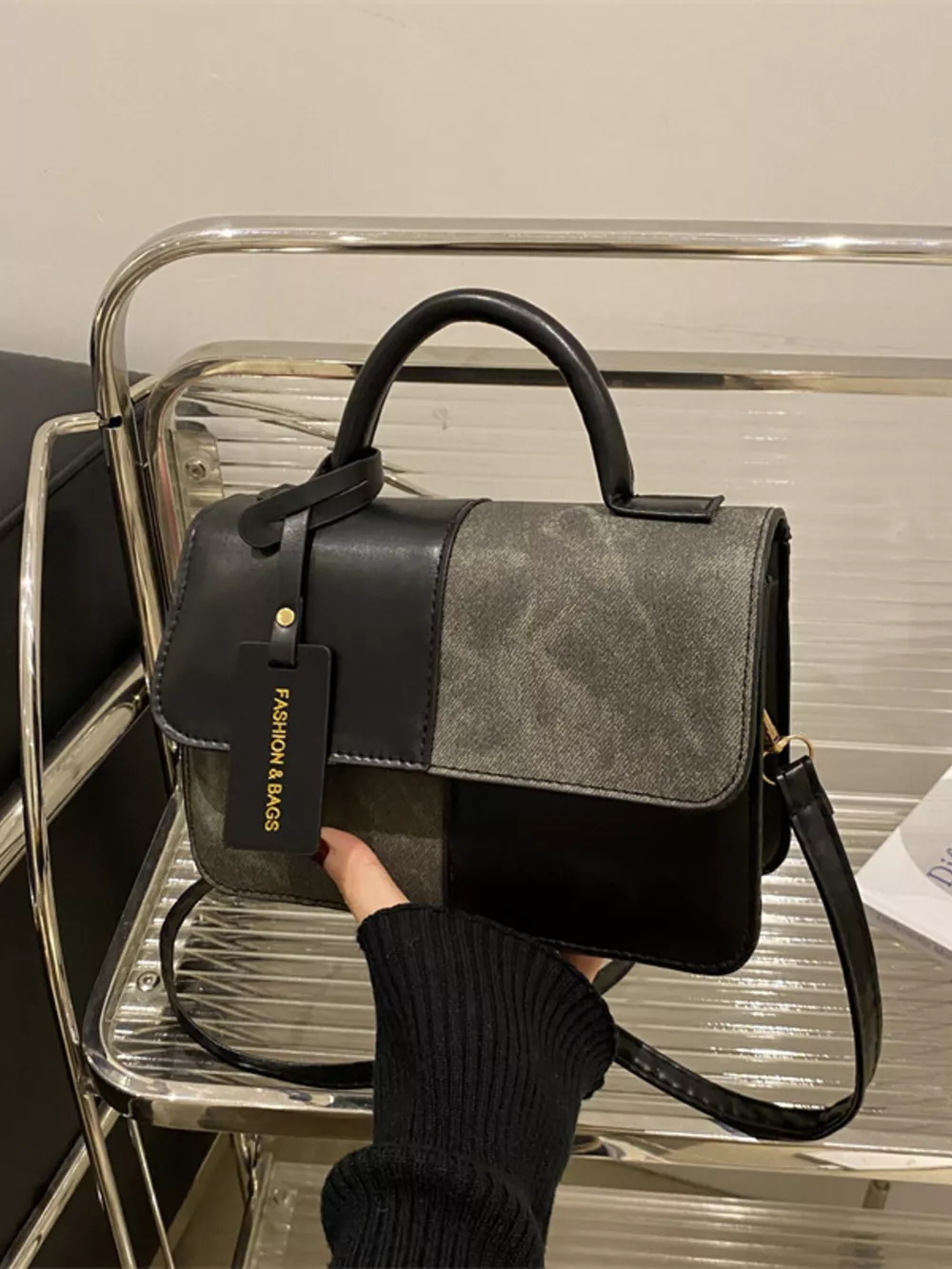Color Block Flap Crossbody Bag with Top Handle, image 2