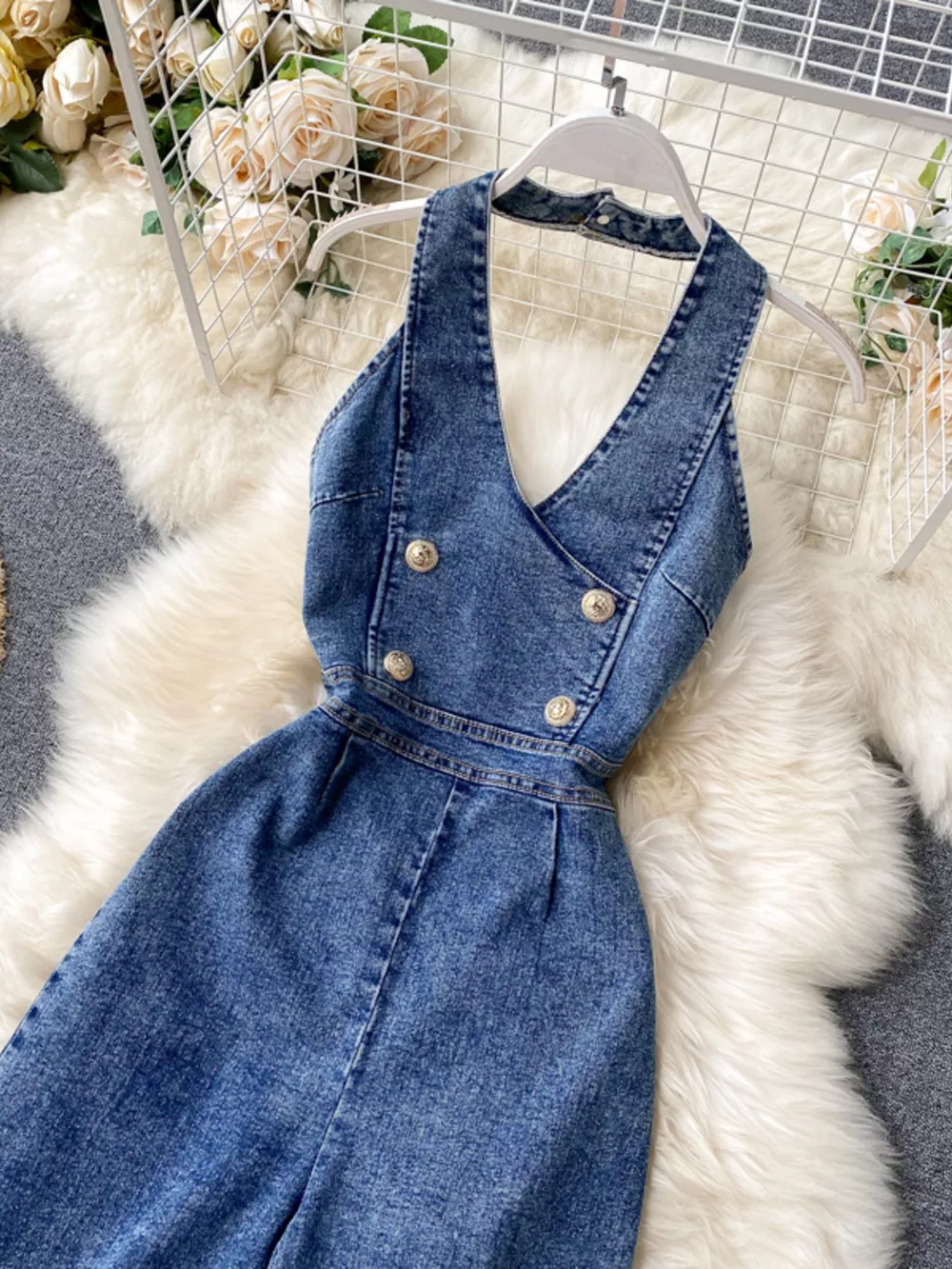 Halter Neck Wide Leg Denim Jumpsuit, image 7