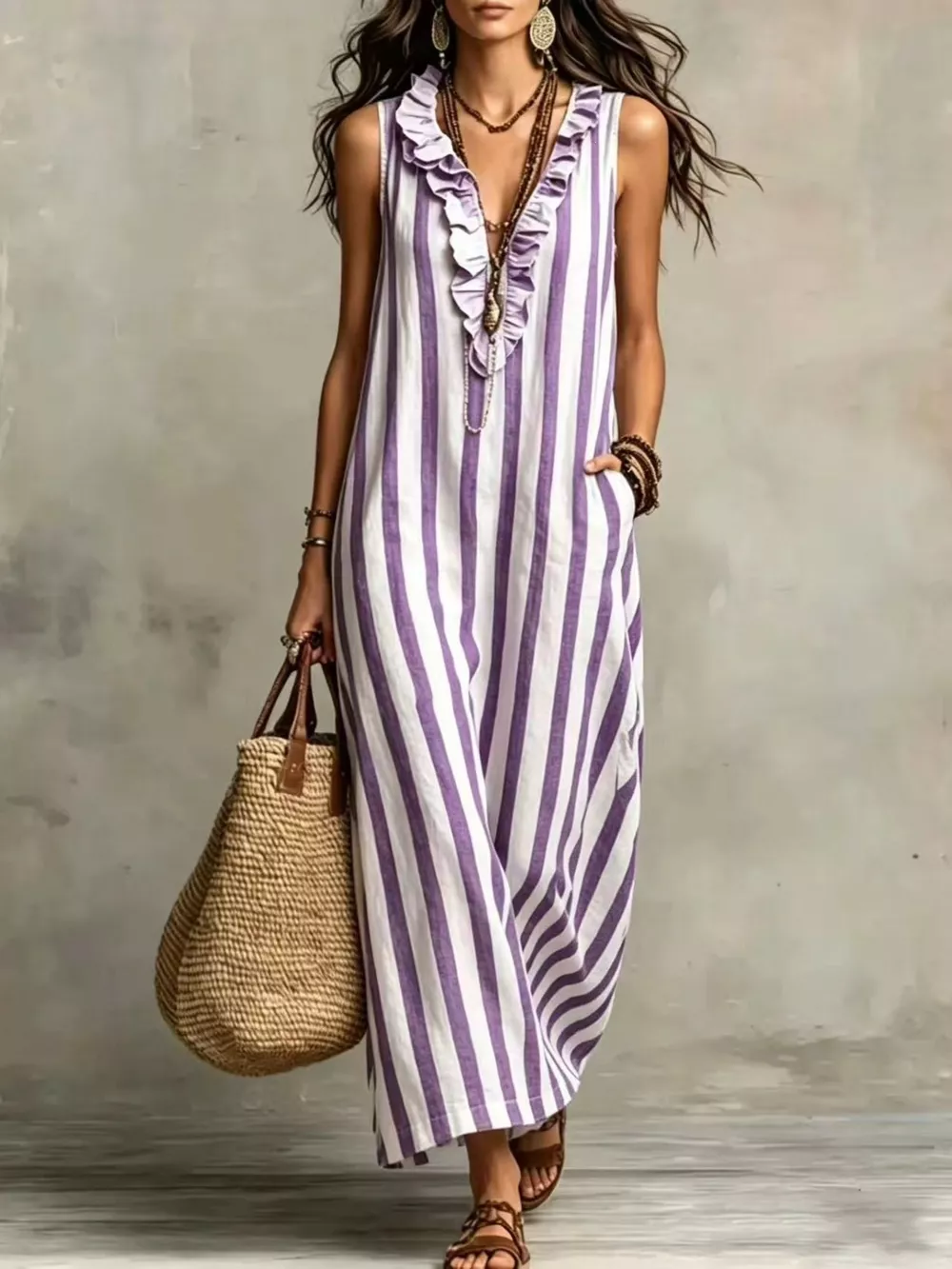 Full Size Sleeveless Striped Ruffle V-Neck Maxi Dress Plus Size, image 5
