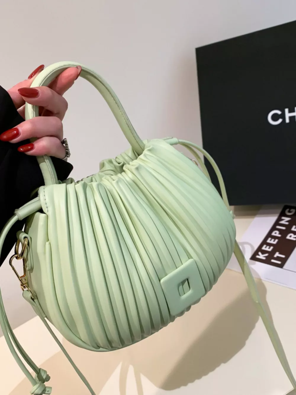 Pleated Bucket Crossbody Bag with, image 4