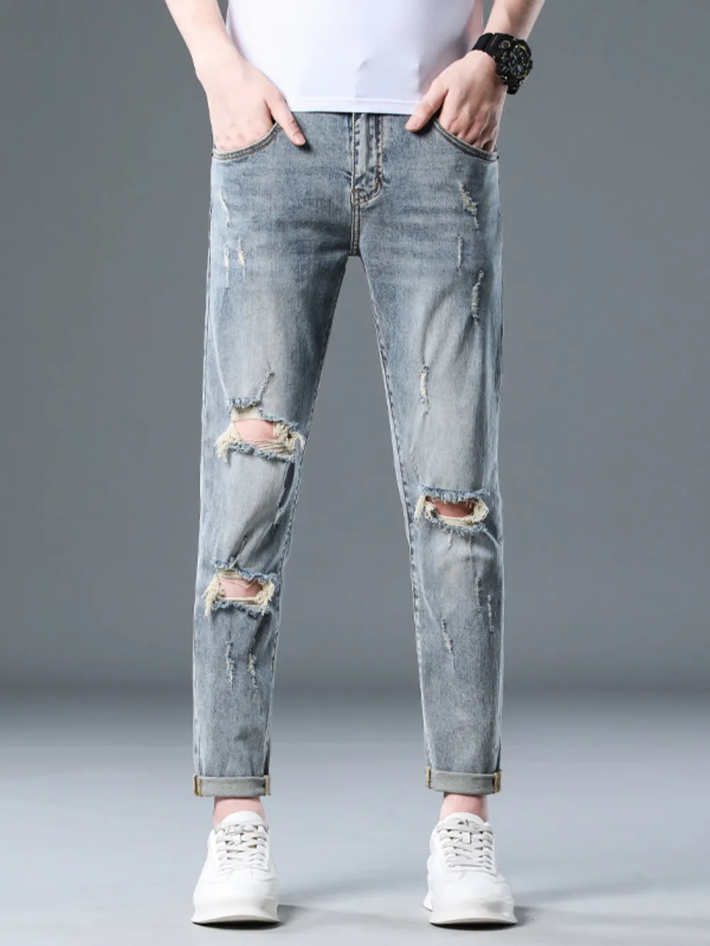 Men's Plus Size Distressed Slim Fit Jeans, image 2