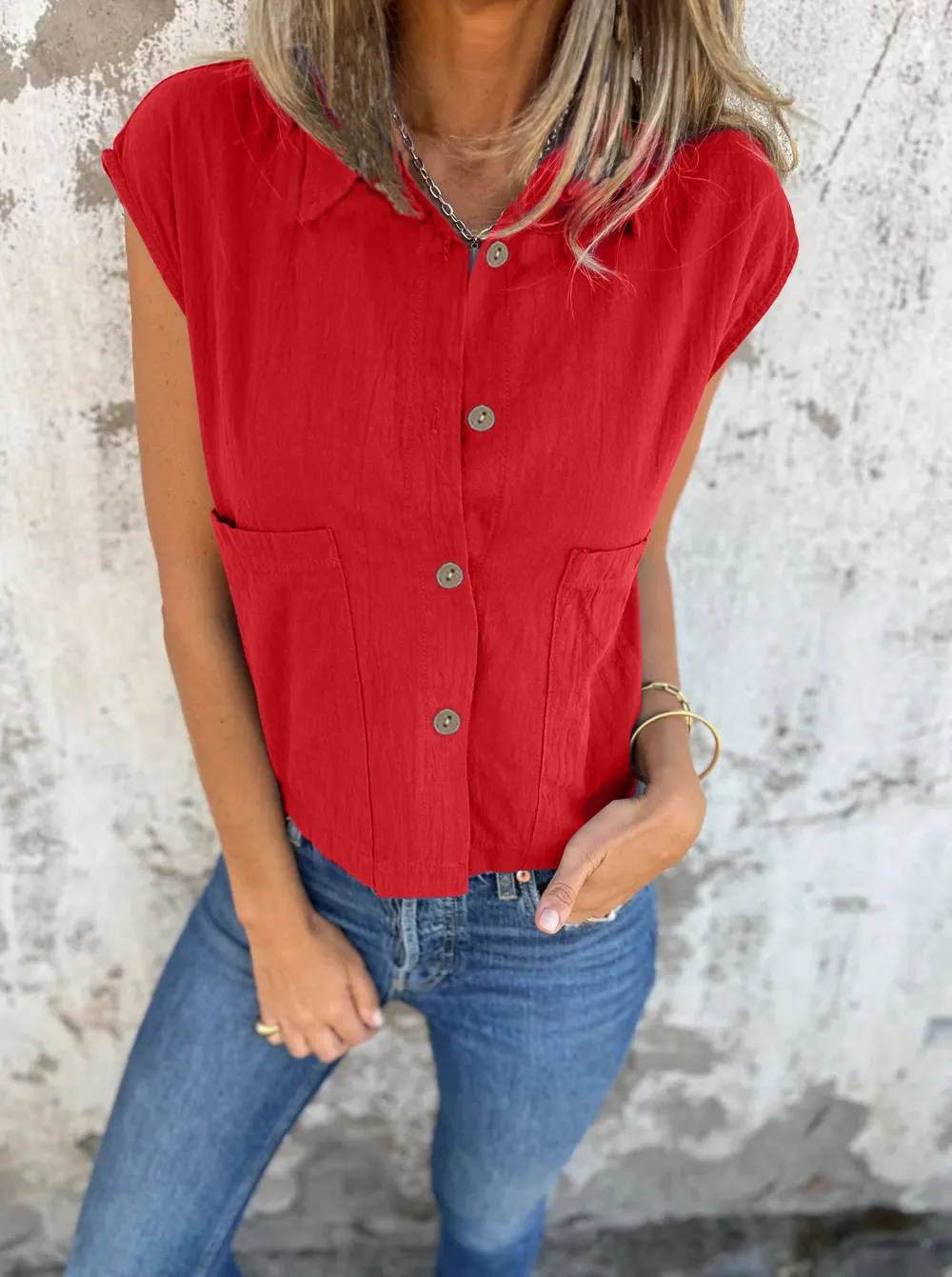 Full Size Button Down Cap Sleeve Linen Shirt Plus Size, image 16