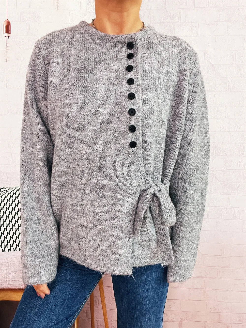 Button-Front Side-Tie Sweater, image 6
