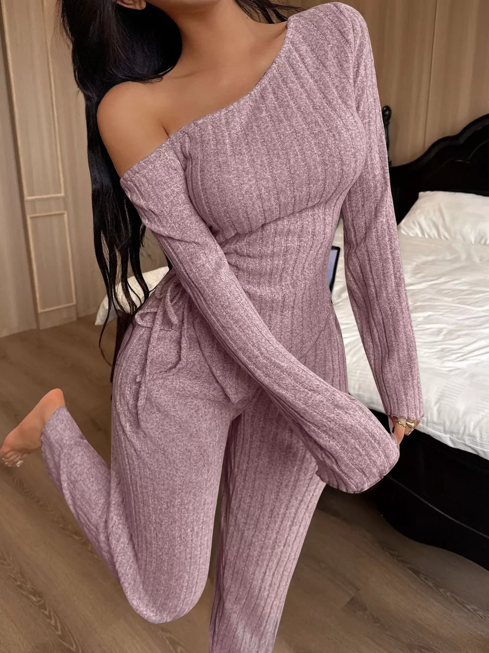 One-Shoulder Ribbed Knit Top and Pants Set, image 2