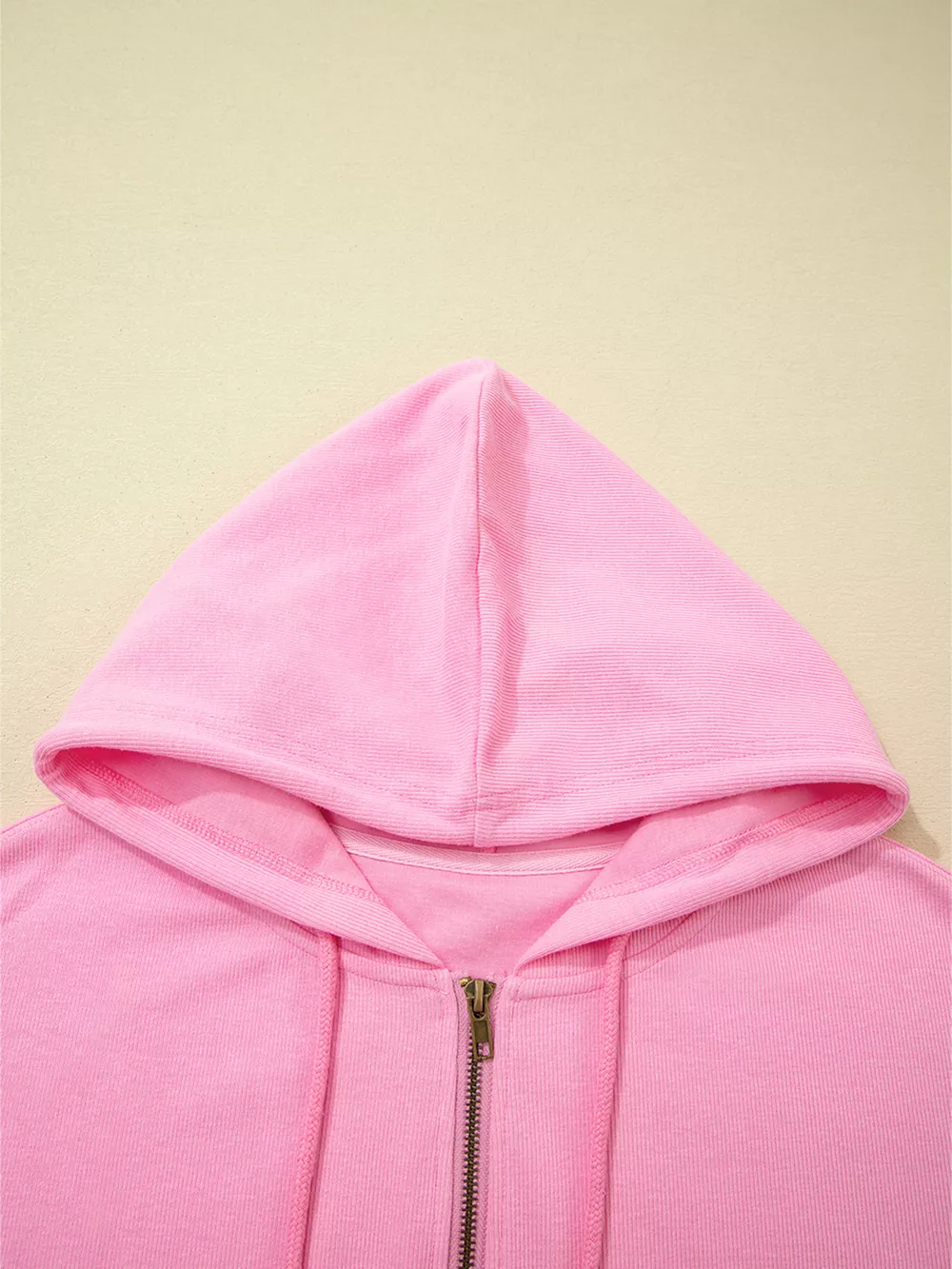 Solid Color Ribbed Zip Up Drawstring Hooded Jacket, image 9