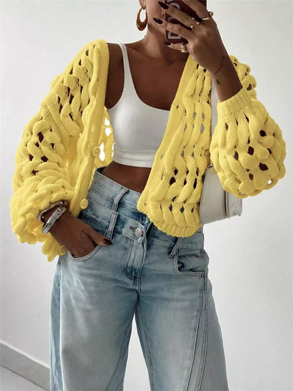 Openwork Button Up V-Neck Cardigan, image 9