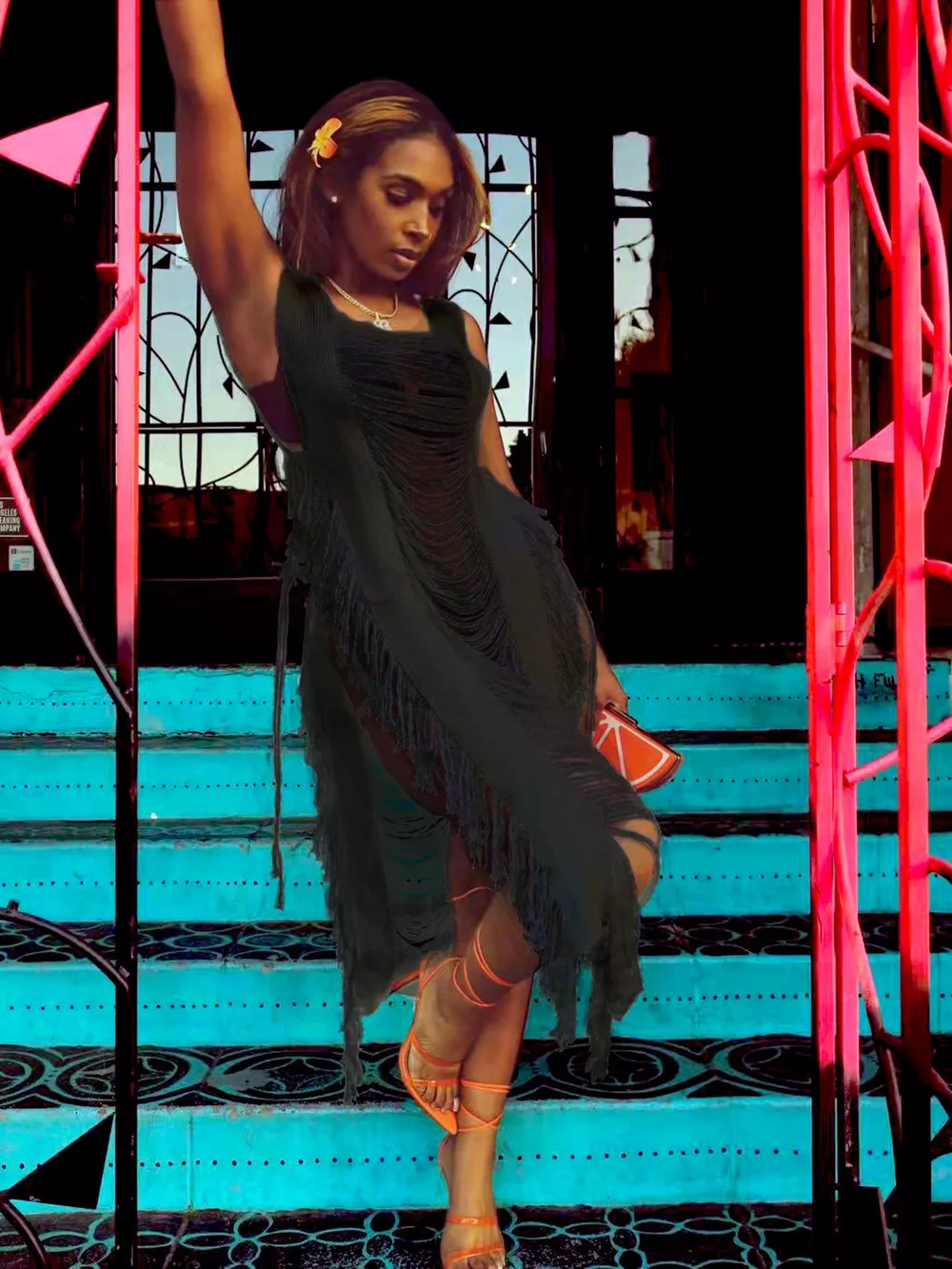 Fringe Split Square Neck Midi Dress, image 4