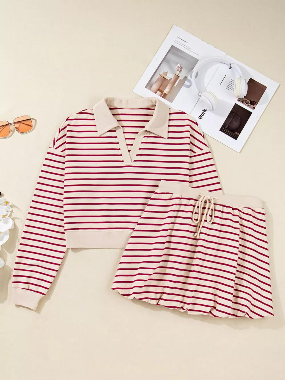 tripe Cropped Collared Drop Shoulder Pullover and Bubble Mini Skirt Set, image 10