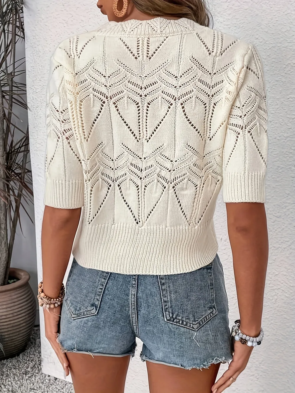 Openwork Round Neck Half Sleeve Sweater, image 3