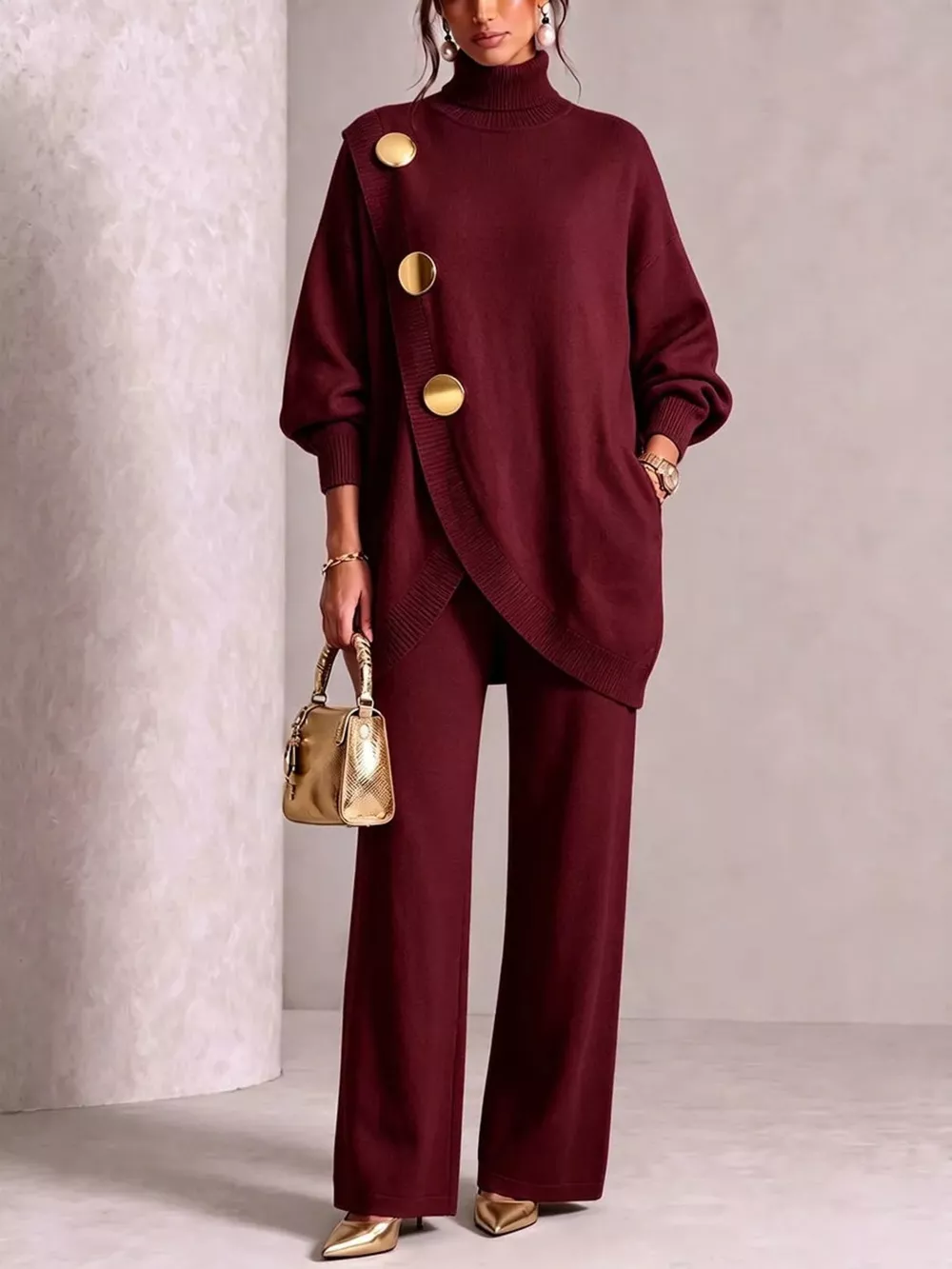 Gold Button Accent Turtleneck Sweater and Pants Set