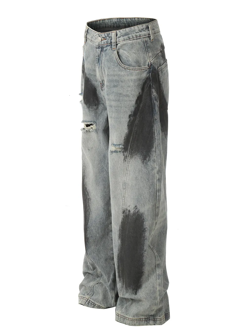 Men's Distressed Wide Leg Acid Wash Jeans, image 2