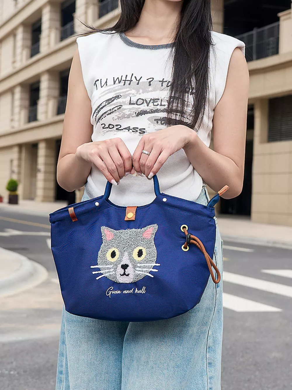 Embroidered Cat Tote Bag with Adjustable Shoulder Strap, image 3