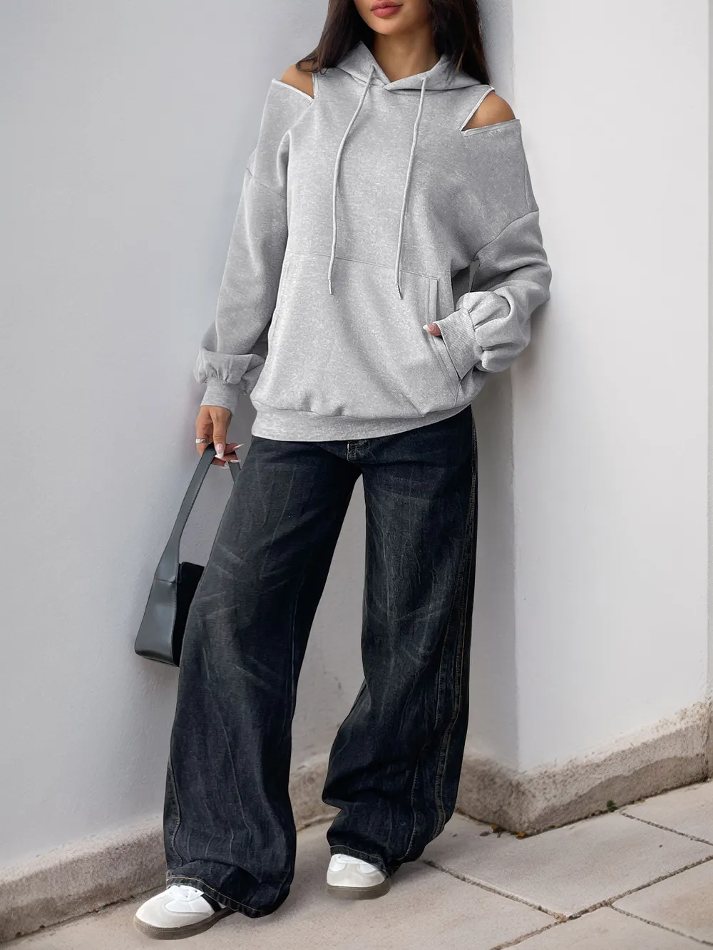 Drawstring Zip Detail Cold Shoulder Hoodie, image 9