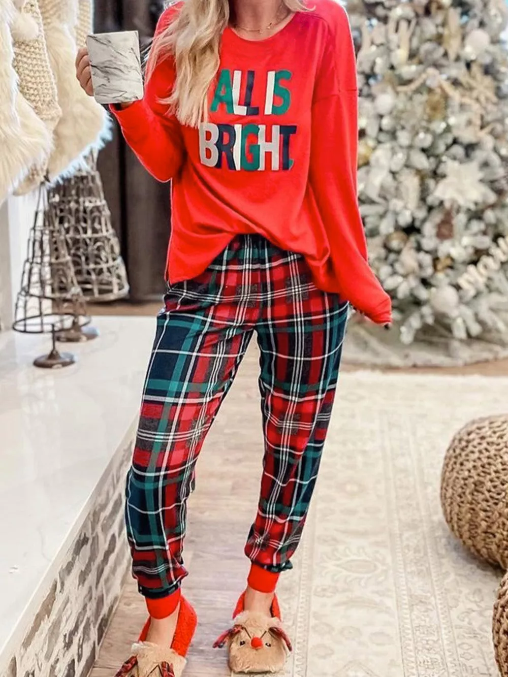 ALL IS BRIGHT Graphic Christmas Plaid Pajamas Set, image 12