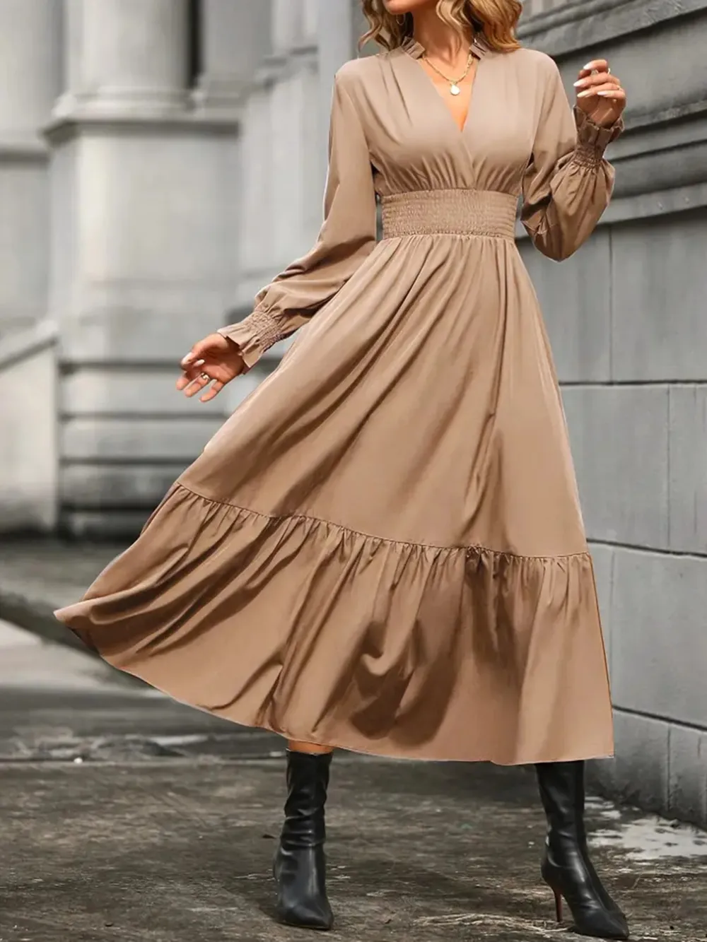 Notched Long Sleeve Tiered Dress, image 16