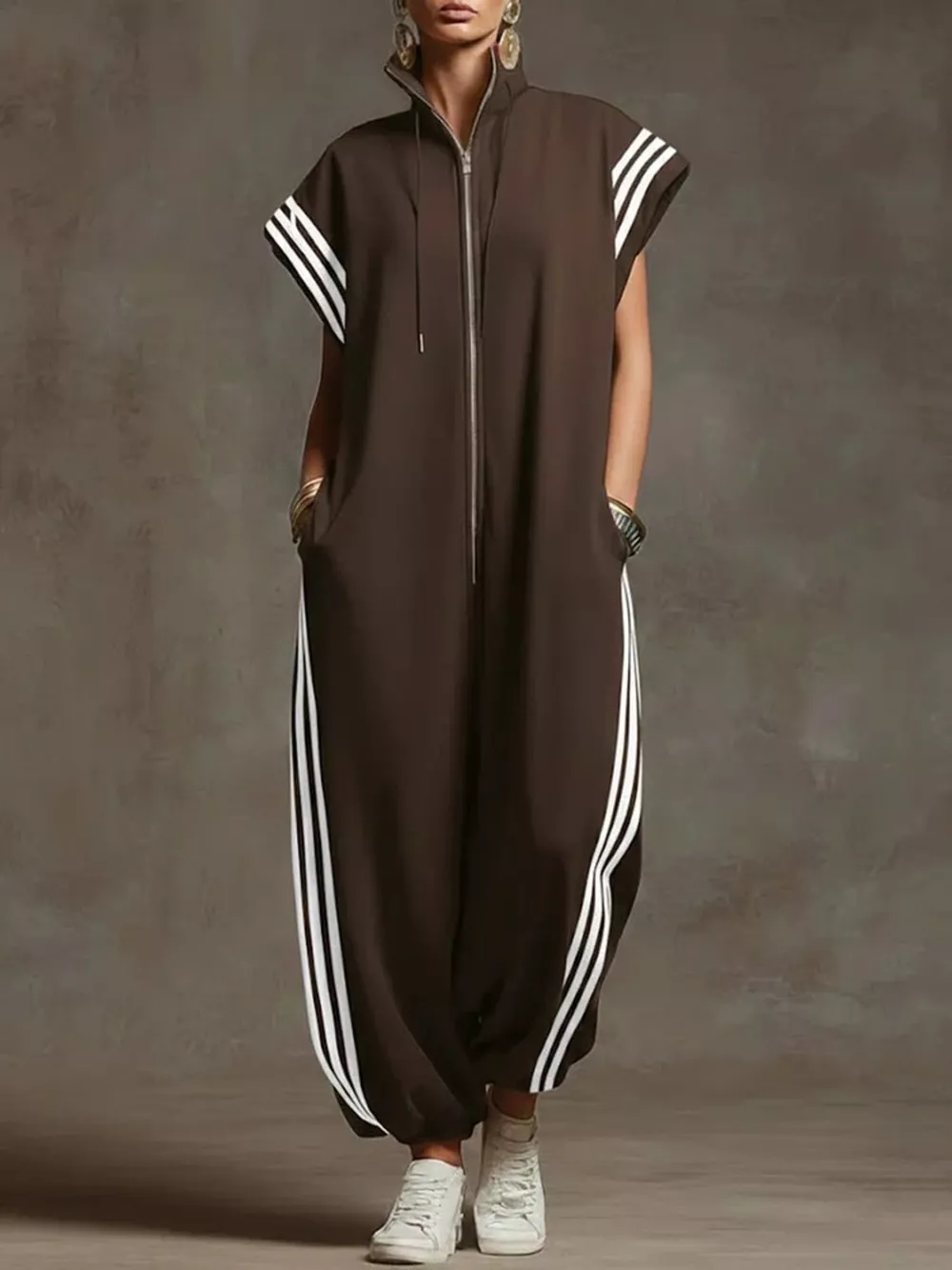 Full Size Side Stripe Zip-Front Wide Leg Jumpsuit Plus Size, image 2