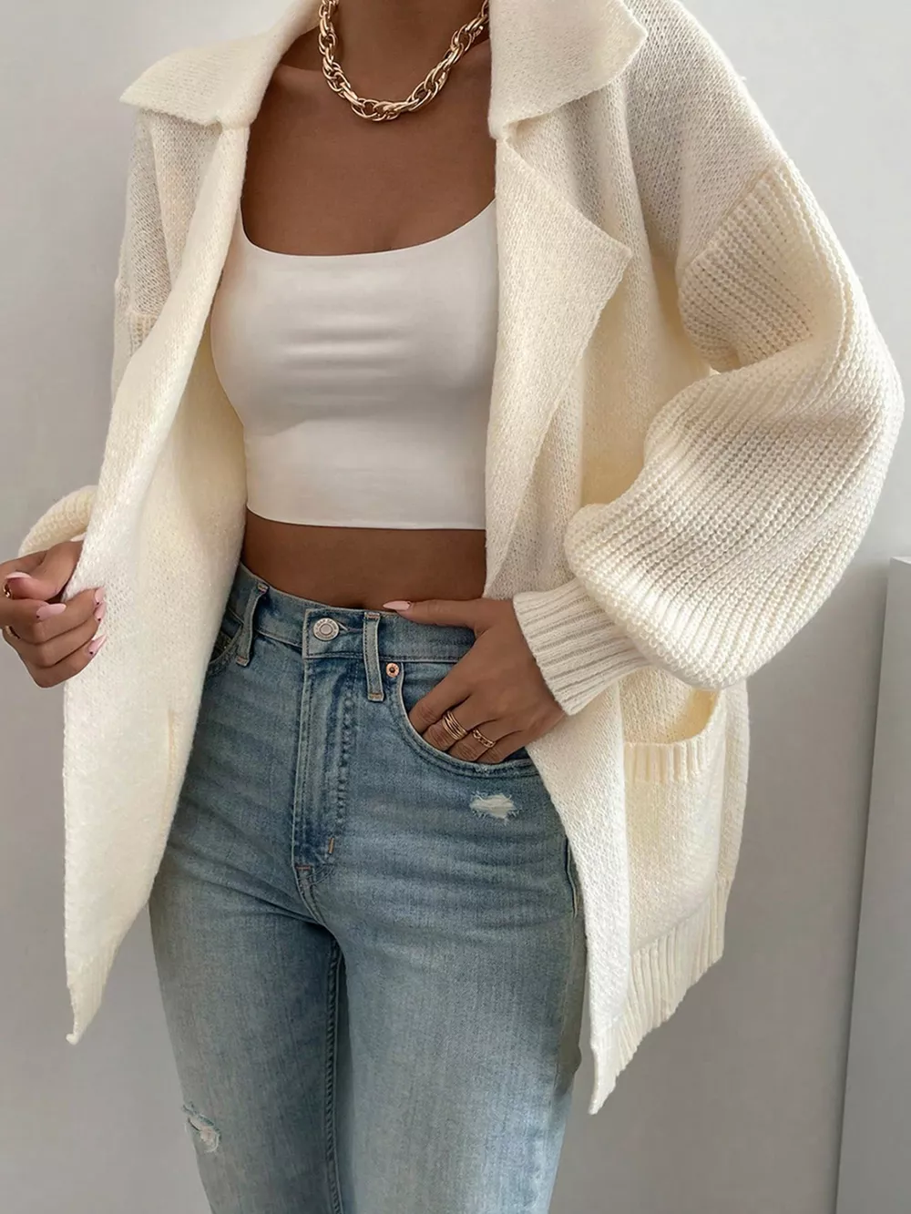 Solid Color Knit Lapel Collar Single Button Sweater Cardigan, image 15
