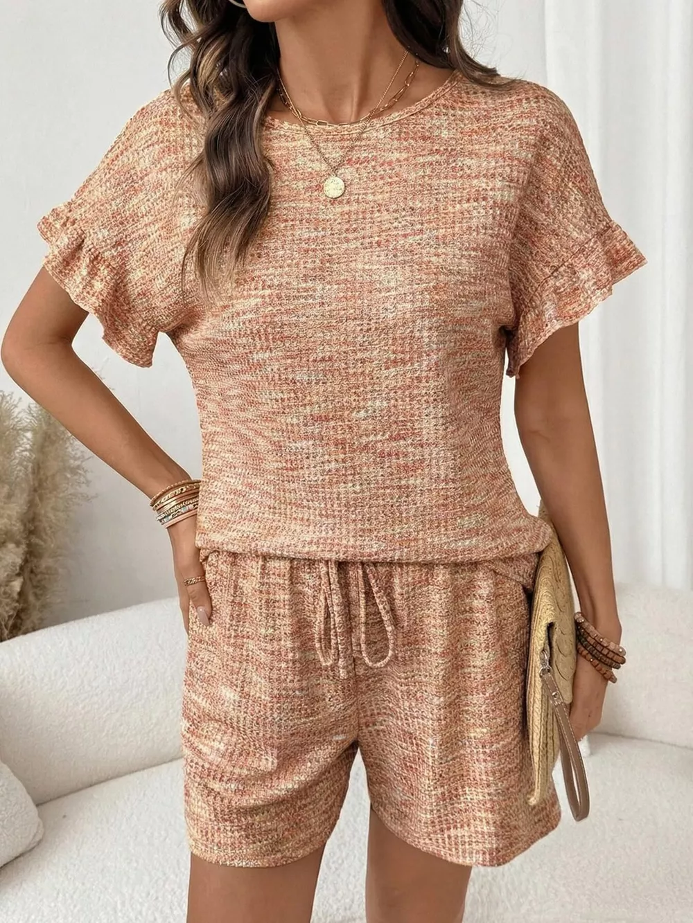 Ruffle Sleeve Textured Top and Shorts Set, image 20