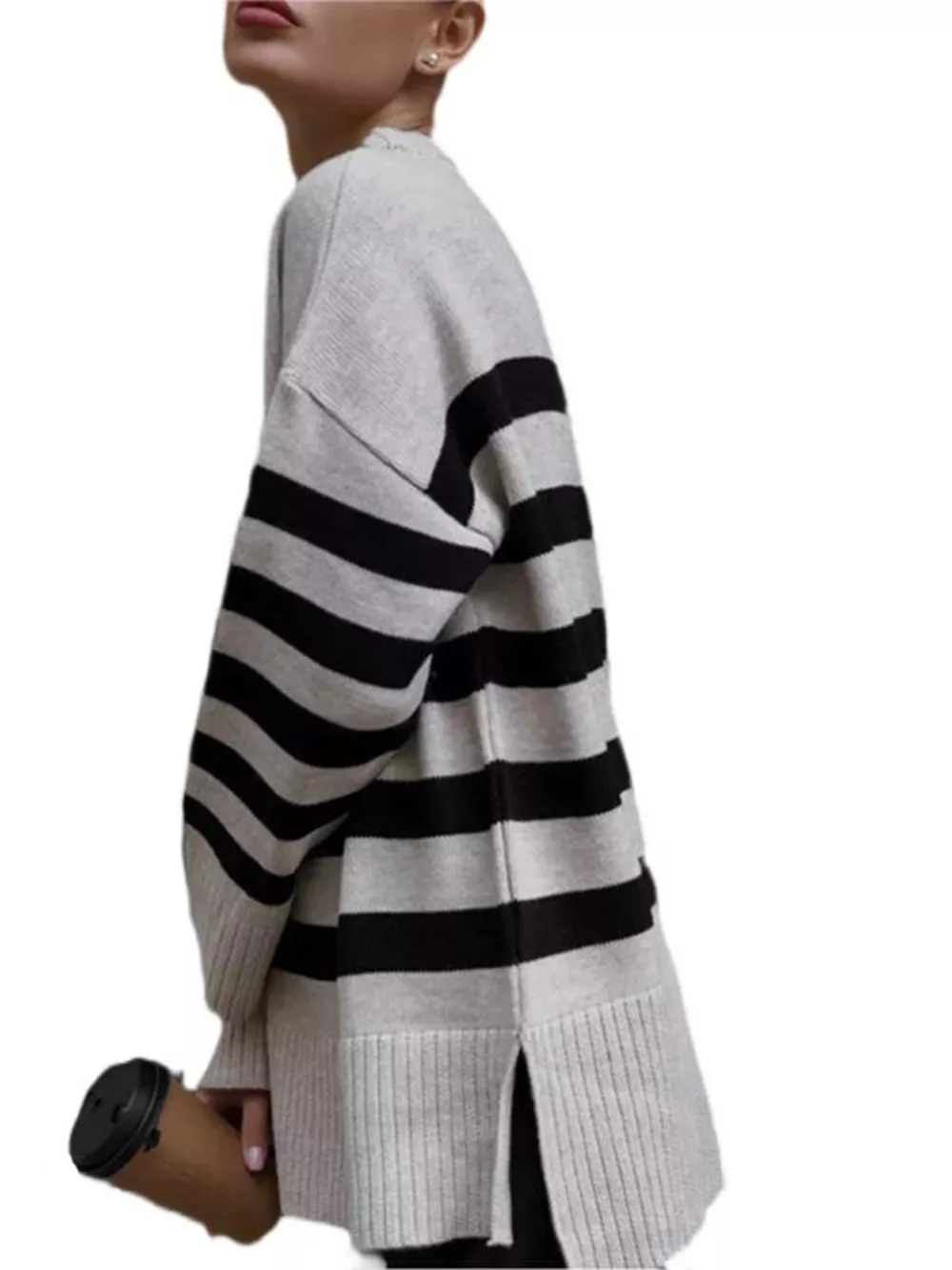 Side Slit Striped Oversized Knit Sweater, image 3