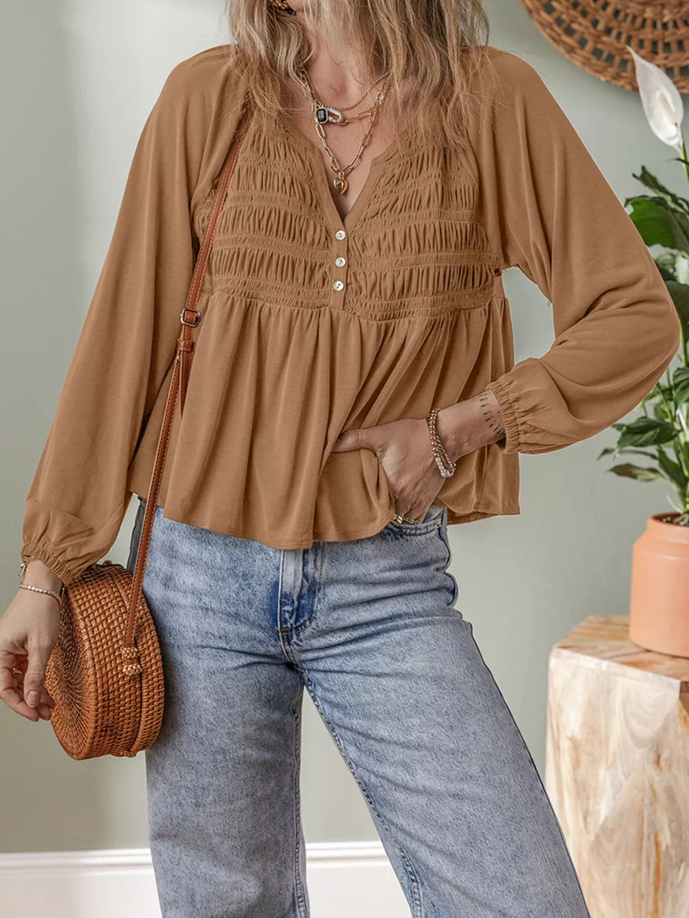 Smocked Buttoned Split V Neck Flow Fit Blouse, image 4