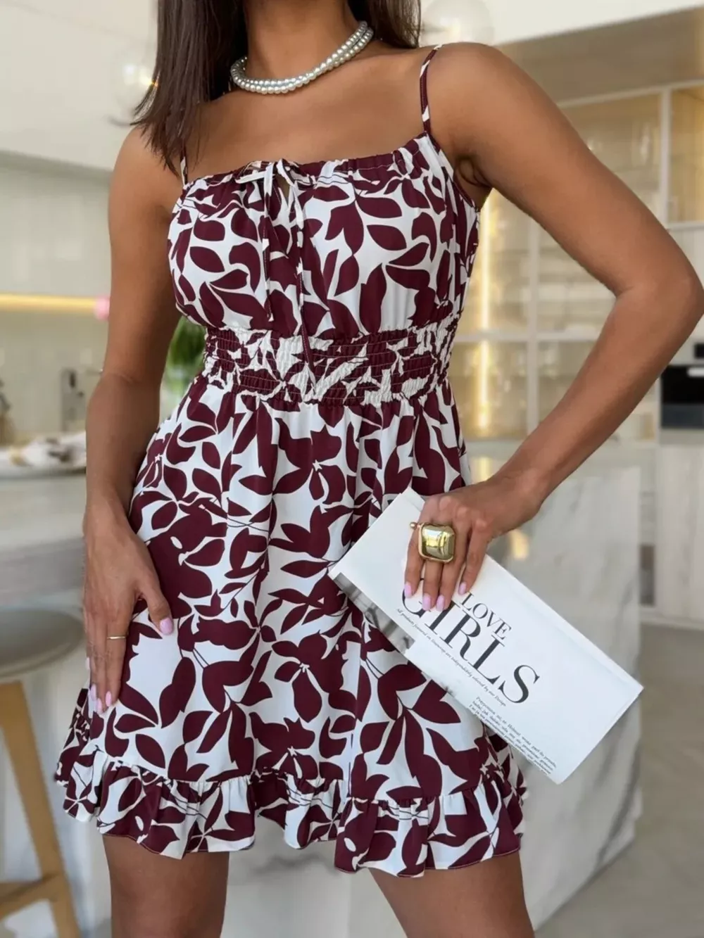 Spaghetti Strap Ruffle Hem Mini Dress with Abstract Print, image 8