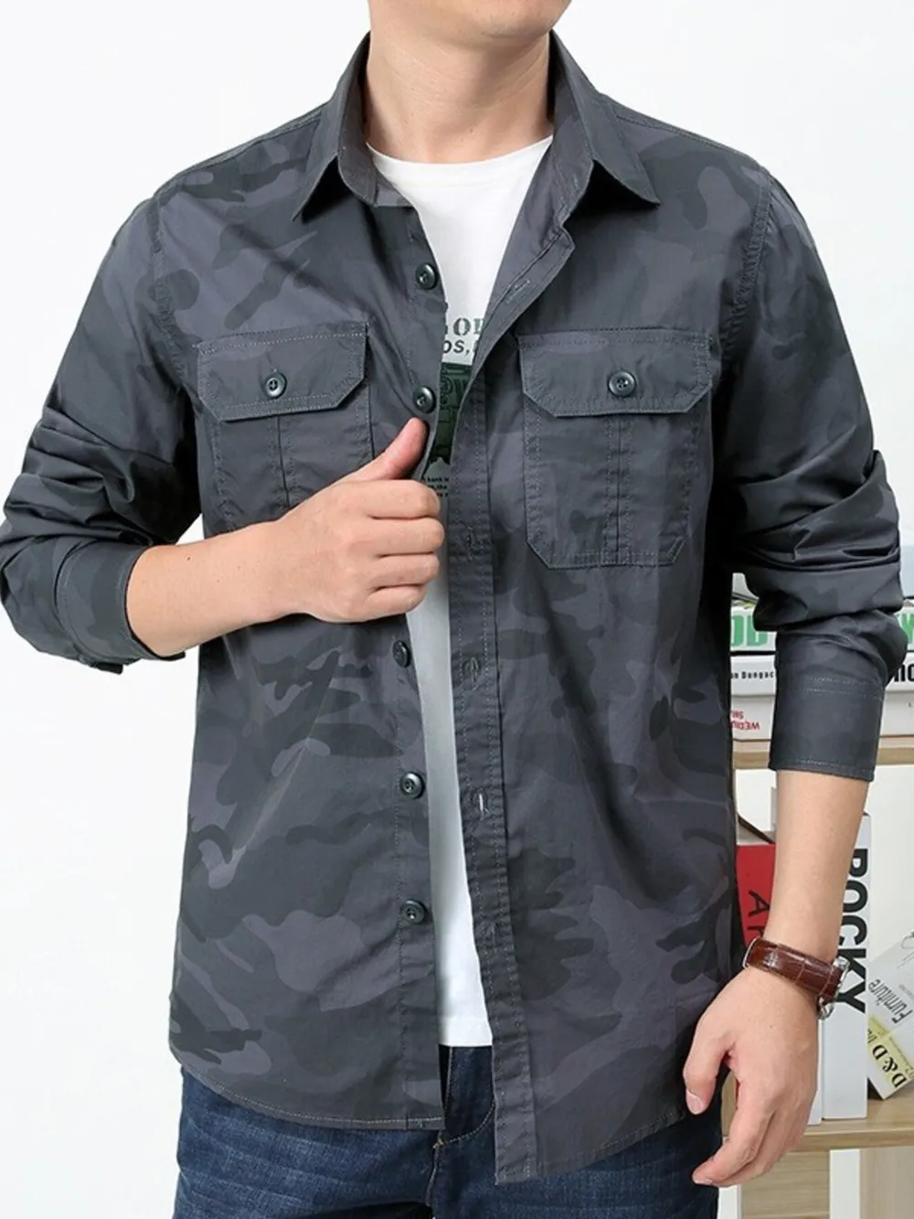 Men's Plus Size Camouflage Print Long Sleeve Shirt, image 5