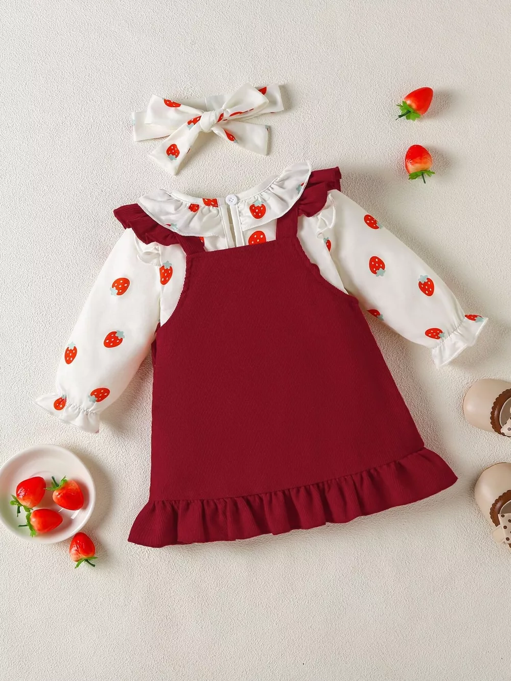 Children's Ruffled Bodysuit and Heart Decor Dress Set with Headband, image 3