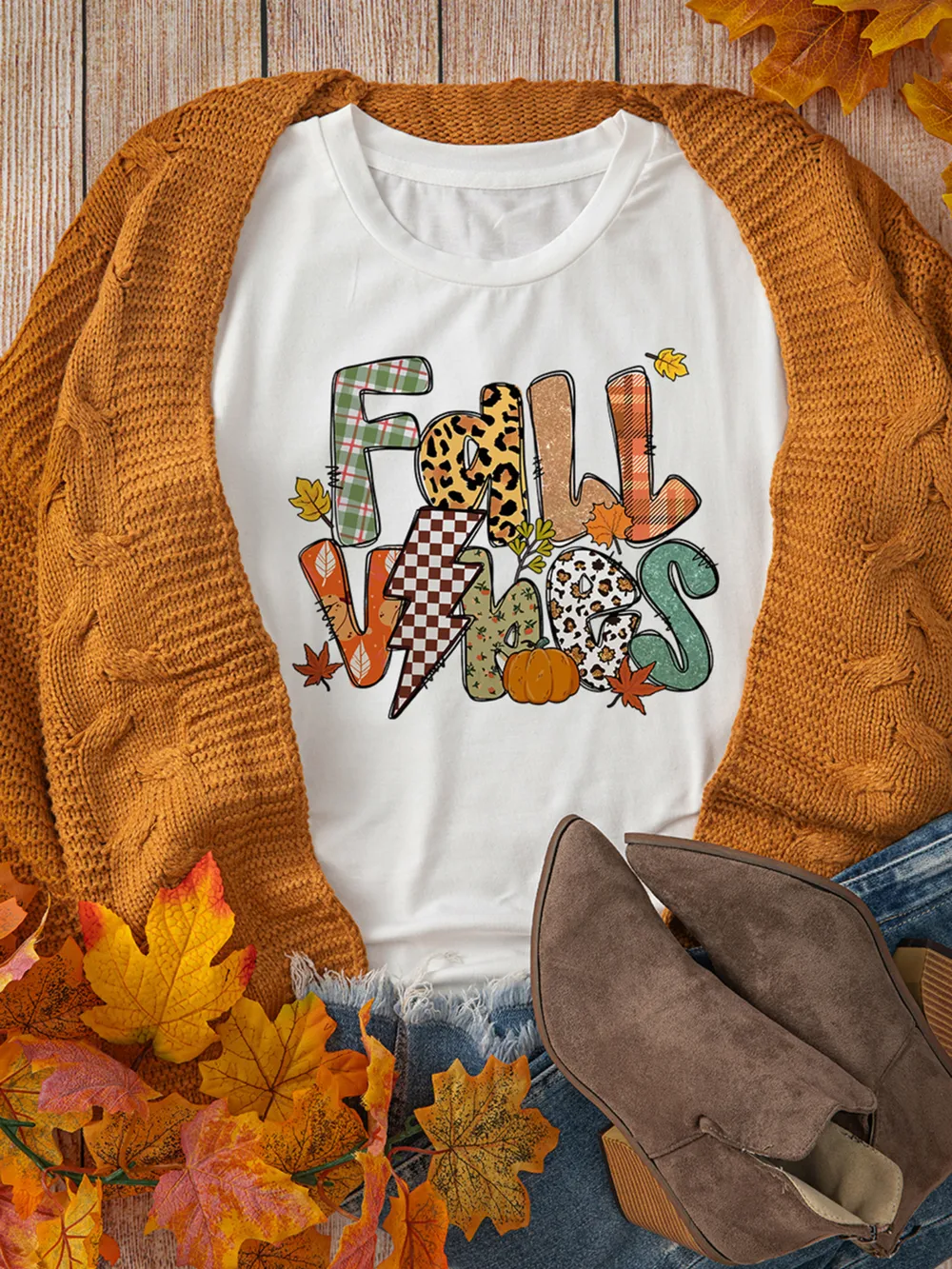 FALL VIBES Cotton Blend Casual T Shirt, image 6
