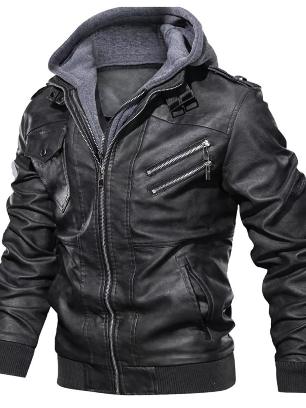 Men's Full Size Hooded Faux Leather Moto Jacket Plus Size, image 3