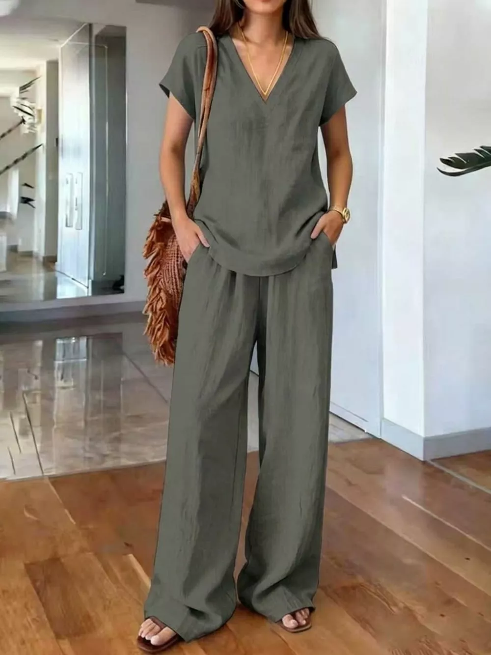 Full Size V-Neck Short Sleeve Top and Pants Set Plus Size, image 11