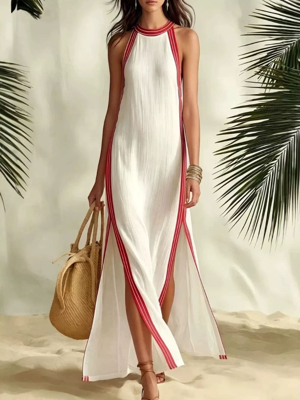 Full Size Slit Striped Sleeveless Maxi Dress Plus Size, image 3