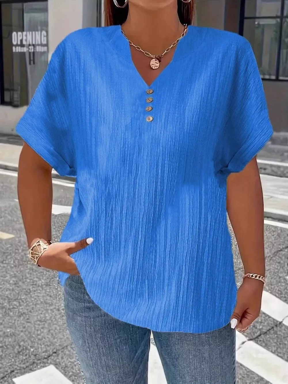 Plus Size Notched Short Sleeve Textured Top, image 17