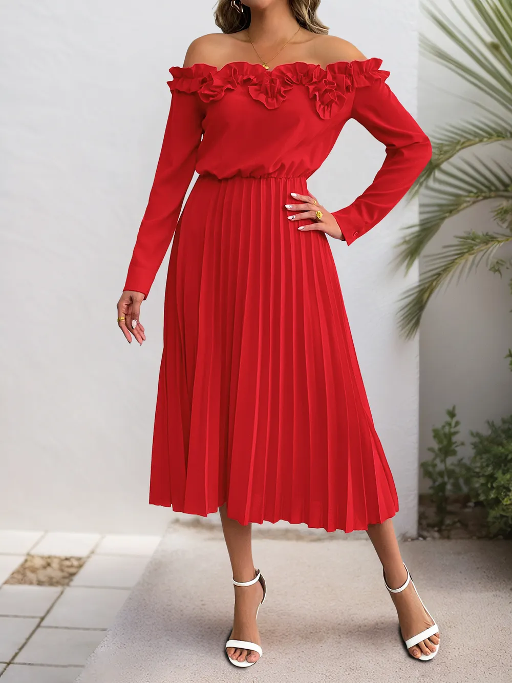 Off-Shoulder Ruffle Pleated Midi Dress