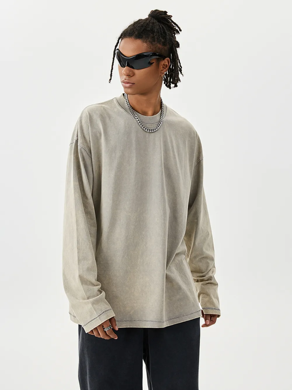Men's Washed Round Neck Long Sleeve T-Shirt, image 10