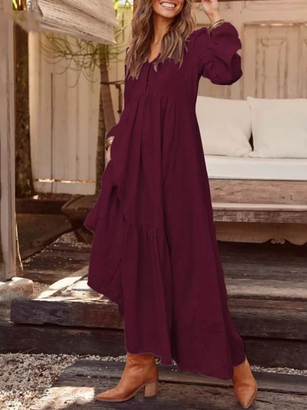 Full Size V-Neck Long Sleeve Tiered Maxi Dress with Pockets Plus Size, image 13