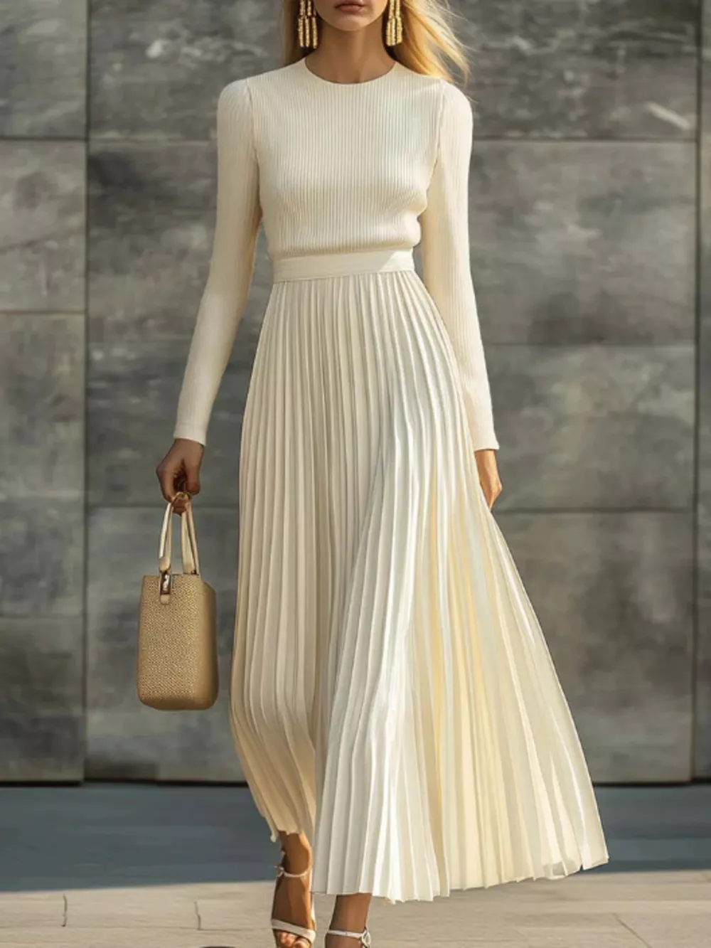 Ribbed Knit Pleated Midi Dress, image 2