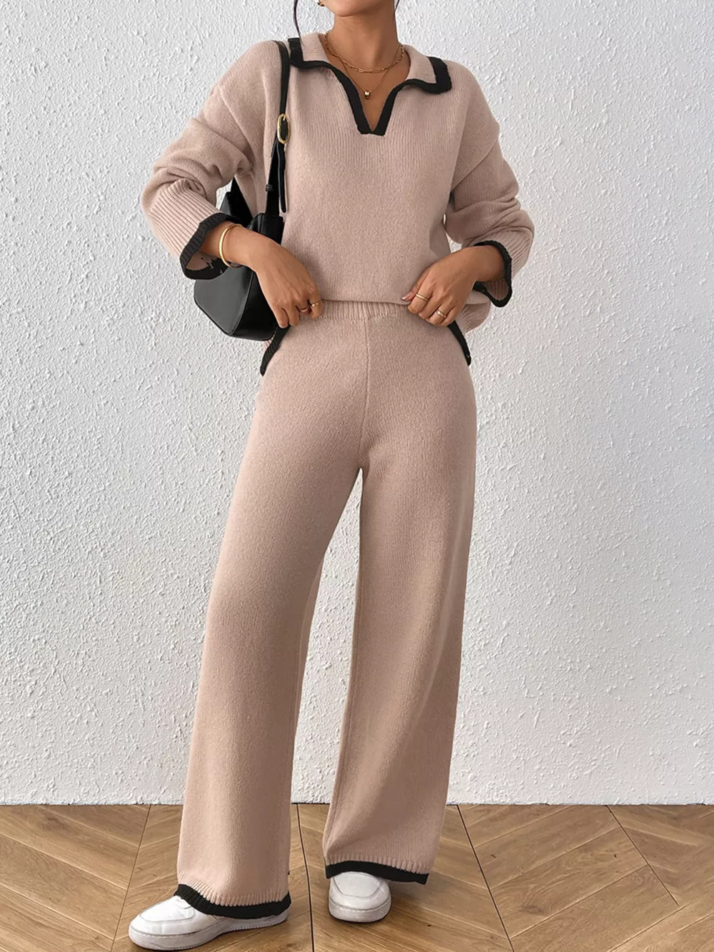 Contrast Trim Polo Collar Top and Pants Sweater Set, image 2